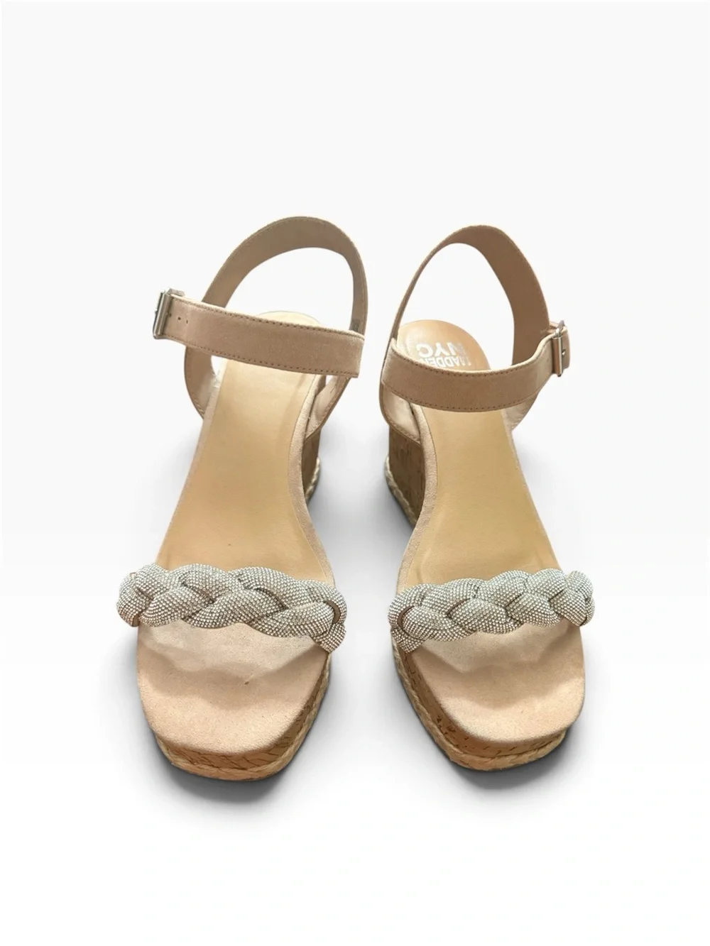 Madden NYC Braided Rhinestone Ankle Strap Sandals Nude Tan Silver
